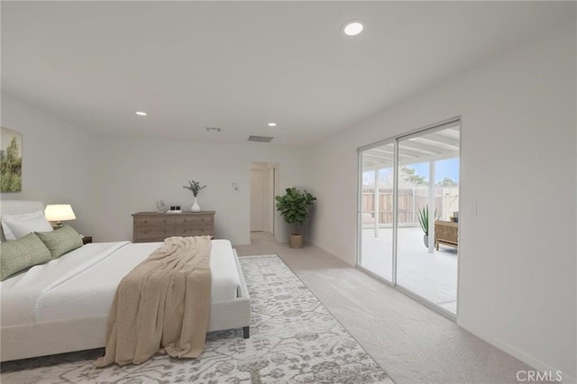 bedroom featuring visible vents, baseboards, recessed lighting, access to exterior, and light colored carpet