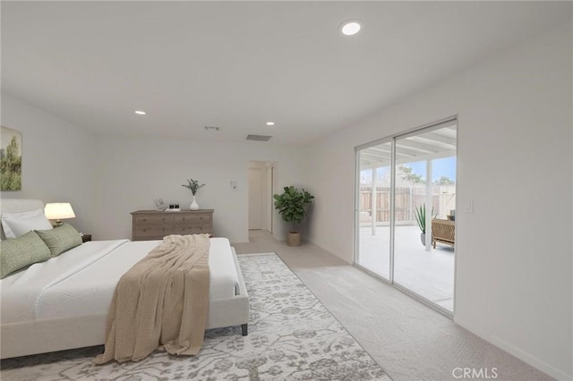 bedroom featuring access to outside, light colored carpet, visible vents, and recessed lighting