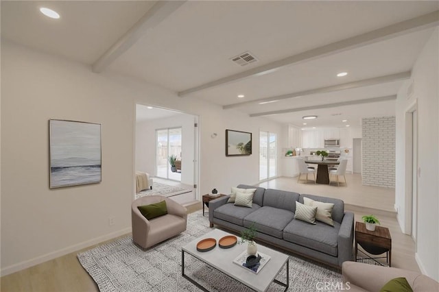 living area with visible vents, baseboards, beamed ceiling, recessed lighting, and light wood-style flooring