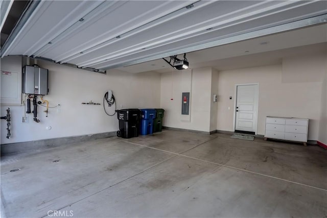 garage featuring electric panel, baseboards, water heater, and a garage door opener