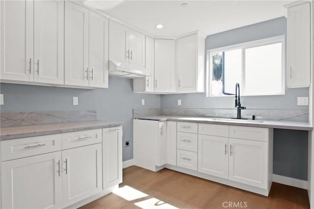 kitchen with white cabinetry, light wood finished floors, under cabinet range hood, and a sink