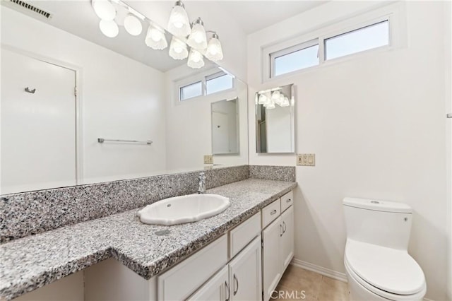 bathroom featuring vanity, tile patterned floors, toilet, and visible vents