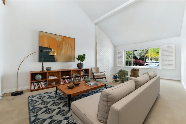 living room with light carpet, high vaulted ceiling, and baseboards