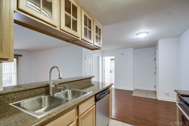 kitchen with glass insert cabinets, light brown cabinetry, light wood-style floors, stainless steel appliances, and a sink