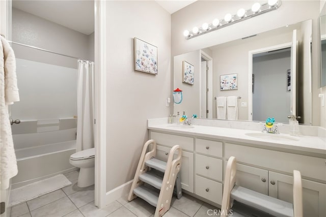 full bath with shower / bathtub combination with curtain, double vanity, a sink, tile patterned flooring, and toilet