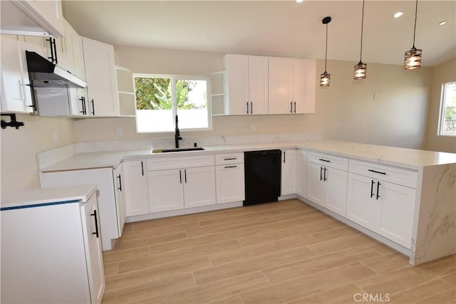 14730 Clark St, Baldwin Park, CA 91706 - kitchen with open shelves, a sink, under cabinet range hood, a peninsula, and black dishwasher