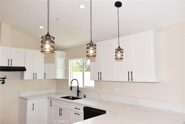 14730 Clark St, Baldwin Park, CA 91706 - kitchen featuring a sink, dishwasher, open shelves, white cabinetry, and decorative light fixtures
