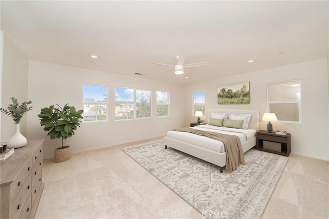 bedroom with carpet flooring, recessed lighting, visible vents, and a ceiling fan