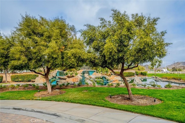 view of community featuring a yard and a water view