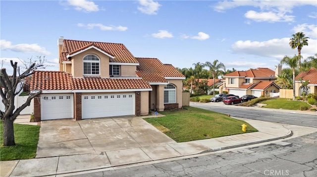 mediterranean / spanish-style house with a front lawn, a tiled roof, concrete driveway, stucco siding, and a garage