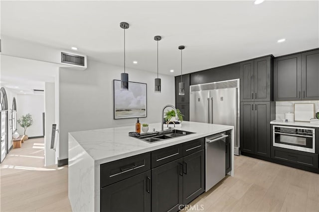 kitchen with visible vents, a center island with sink, a sink, stainless steel appliances, and light wood-style floors