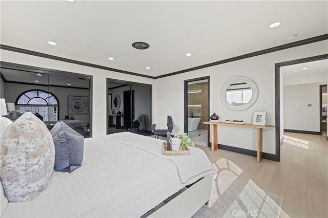 bedroom with recessed lighting, baseboards, light wood-style flooring, and ornamental molding