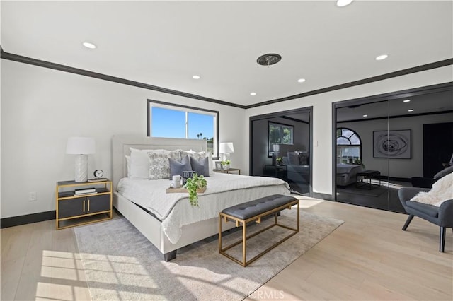 bedroom featuring recessed lighting, baseboards, wood finished floors, and ornamental molding