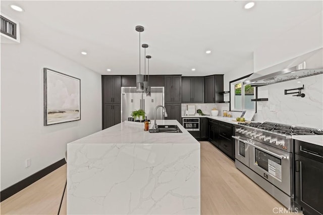 kitchen featuring visible vents, light stone countertops, high quality appliances, decorative backsplash, and a sink