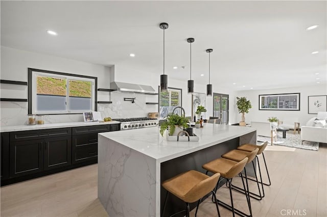 kitchen with open shelves, dark cabinetry, decorative backsplash, light stone countertops, and stove