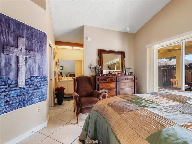 bedroom featuring lofted ceiling, light tile patterned floors, access to exterior, and a textured ceiling