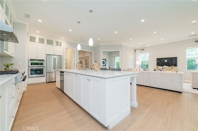 kitchen with under cabinet range hood, appliances with stainless steel finishes, light countertops, and a sink