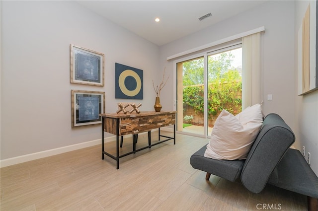 office space featuring recessed lighting, visible vents, and baseboards