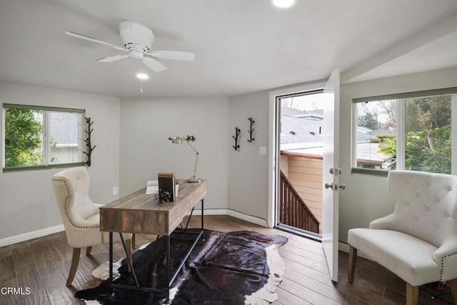 office area featuring recessed lighting, a ceiling fan, baseboards, and wood finished floors