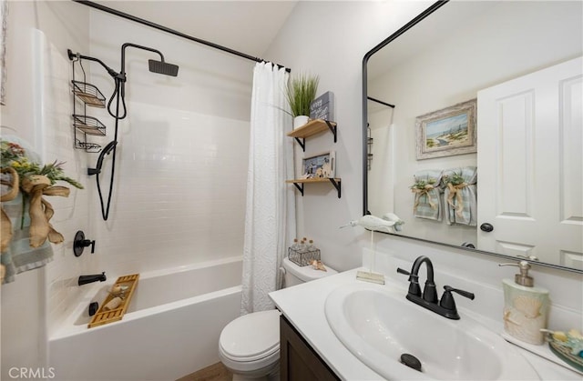 bathroom with vanity, shower / tub combo, and toilet