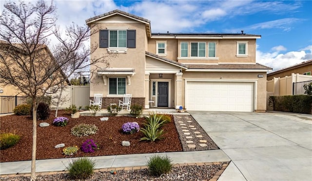 244 Country Club Dr, Calimesa, CA 92320 - traditional-style house with stucco siding, roof mounted solar panels, an attached garage, and concrete driveway
