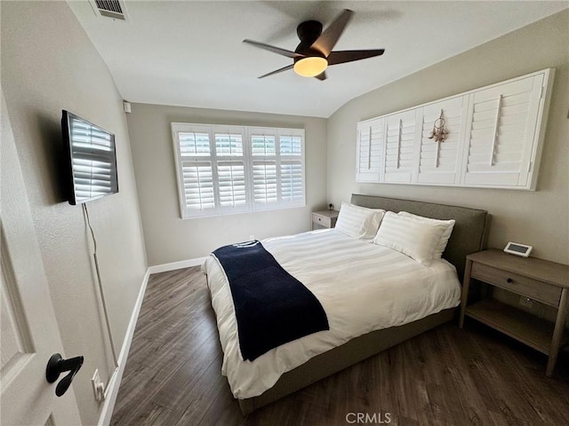 513 W Commonwealth Ave, Alhambra, CA 91801 - bedroom featuring visible vents, baseboards, ceiling fan, dark wood finished floors, and lofted ceiling