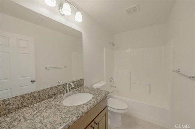 bathroom with visible vents, toilet, shower / bath combination, tile patterned floors, and vanity