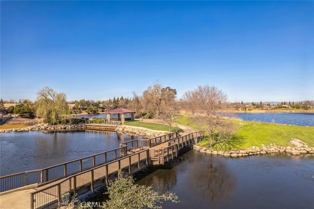 property view of water with a gazebo