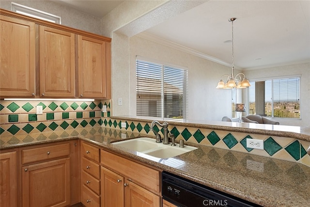 kitchen featuring dishwasher, a notable chandelier, backsplash, and a sink