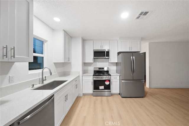 kitchen with white cabinetry, visible vents, appliances with stainless steel finishes, and a sink