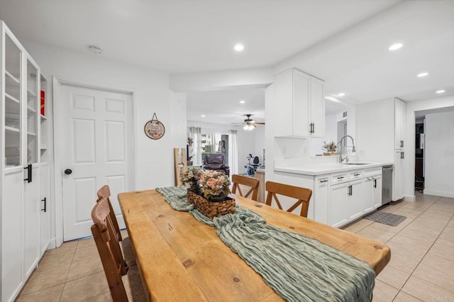 dining room with light tile patterned floors, recessed lighting, and a ceiling fan