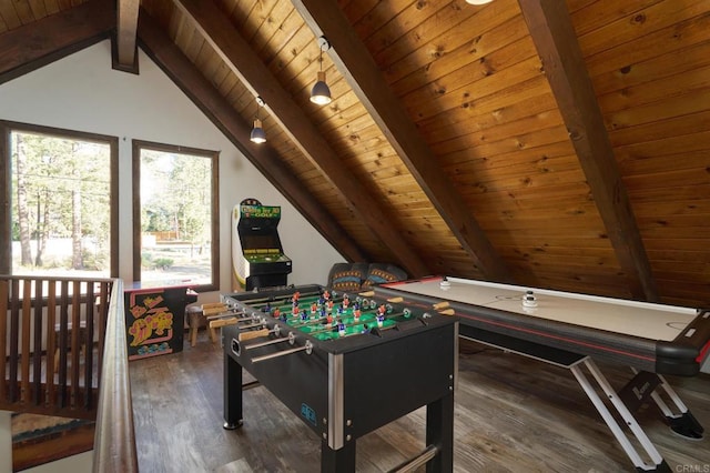 rec room with wood ceiling, lofted ceiling with beams, and wood finished floors