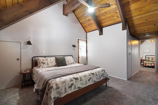 carpeted bedroom featuring beamed ceiling, wooden ceiling, and high vaulted ceiling