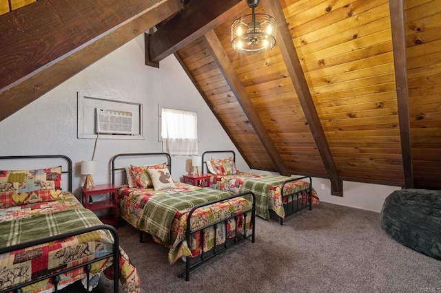 bedroom with wood ceiling, carpet flooring, an AC wall unit, and vaulted ceiling with beams