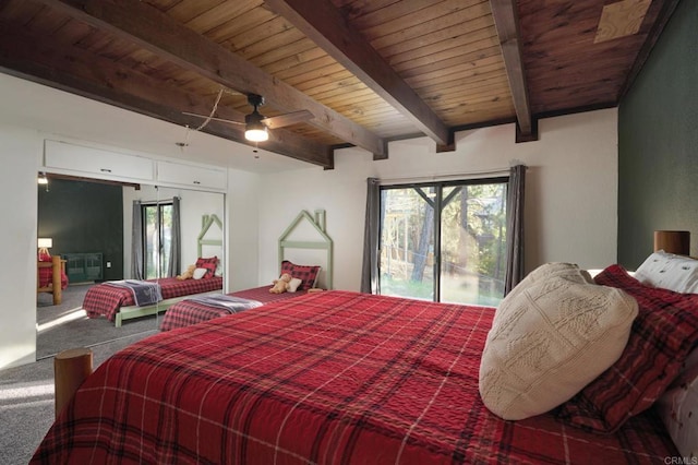 bedroom with access to exterior, carpet flooring, wood ceiling, and beam ceiling