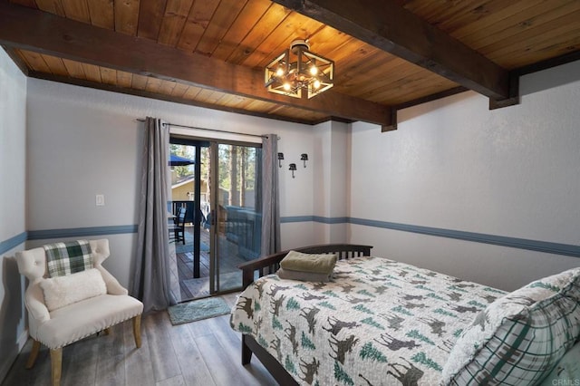 bedroom with beam ceiling, access to outside, wood finished floors, wooden ceiling, and a chandelier