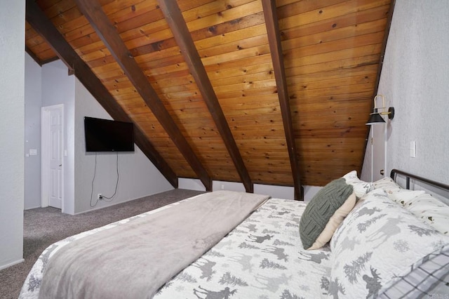 unfurnished bedroom featuring carpet, wooden ceiling, and vaulted ceiling with beams