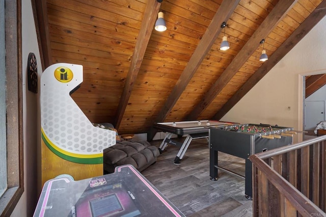 playroom with wooden ceiling, lofted ceiling with beams, and wood finished floors