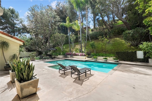 outdoor pool with a patio and fence