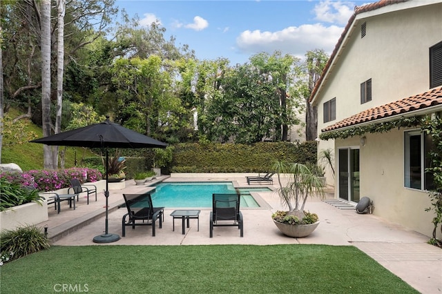 view of pool featuring a yard, a patio, and a fenced in pool