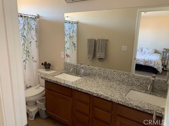 full bathroom featuring a sink, curtained shower, toilet, and double vanity