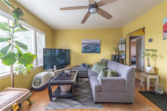 living area featuring wood finished floors and ceiling fan