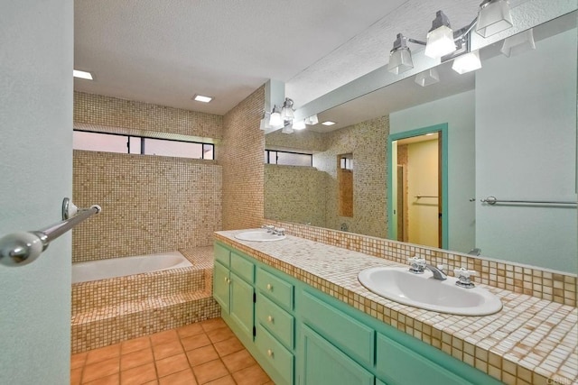 4015 Canario St Unit D, Carlsbad, CA 92008 - full bath featuring double vanity, tiled tub, a tile shower, tile patterned flooring, and a textured ceiling