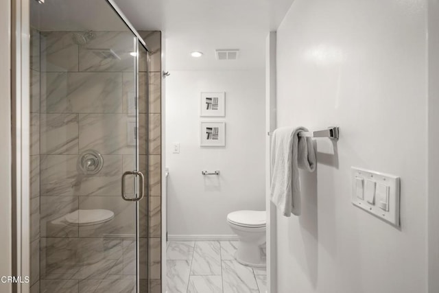 full bath with visible vents, toilet, marble finish floor, a shower stall, and baseboards