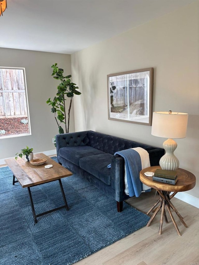 living room with baseboards and wood finished floors