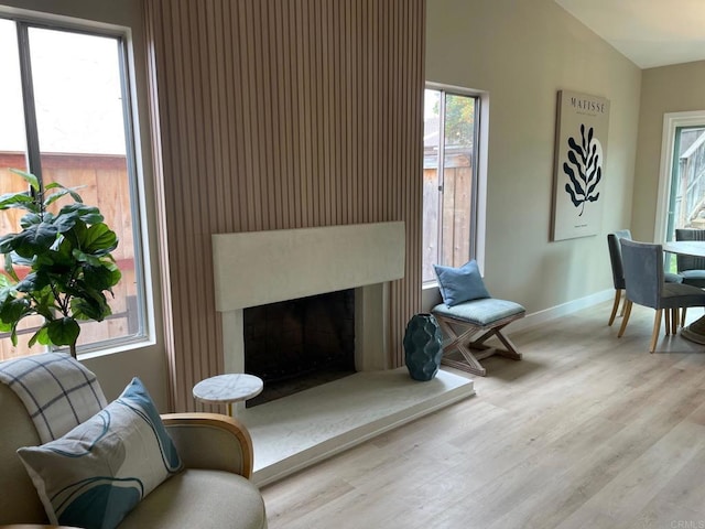 living area with vaulted ceiling, wood finished floors, baseboards, and a fireplace with raised hearth