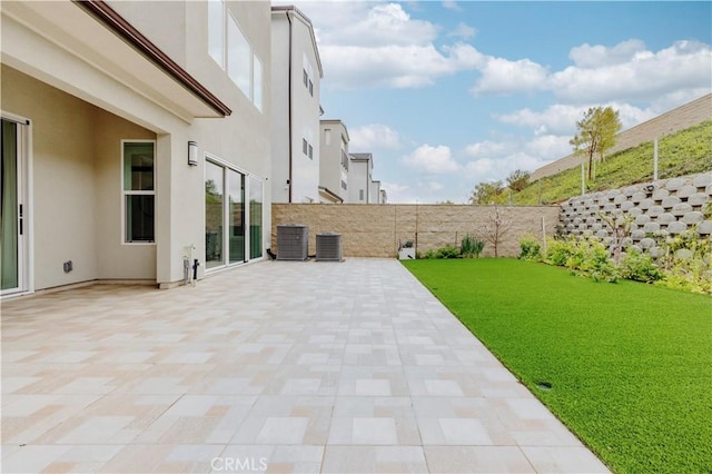 view of patio featuring central AC unit and a fenced backyard