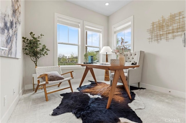 office space with recessed lighting, baseboards, and carpet floors