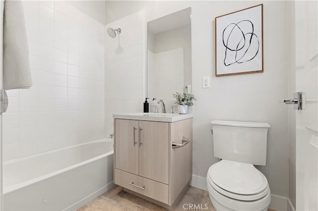 full bathroom with shower / bath combination, toilet, vanity, and baseboards