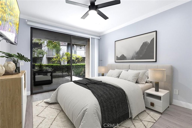 bedroom featuring light wood-style flooring, access to exterior, and crown molding